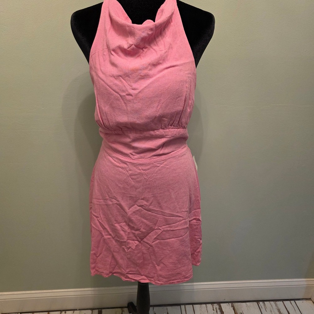 Free People Pink Cowl Neck Halter Mini Dress Open Back Tie Waist Size L